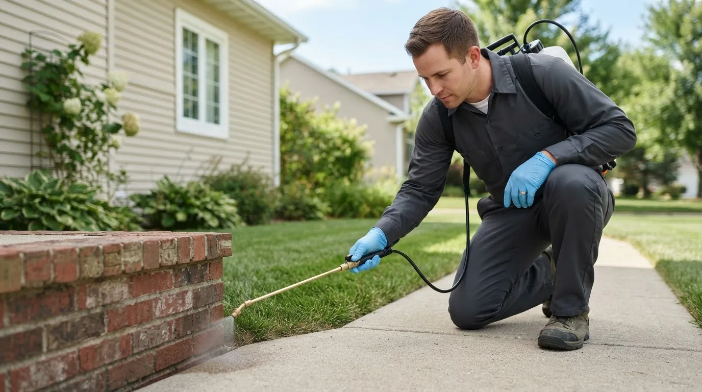 Pest control technician treating a home near Rosenhayn, NJ